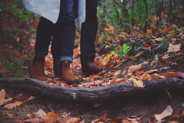 two people with burkinstock boots on walking through autum leaves in High Park Toronto