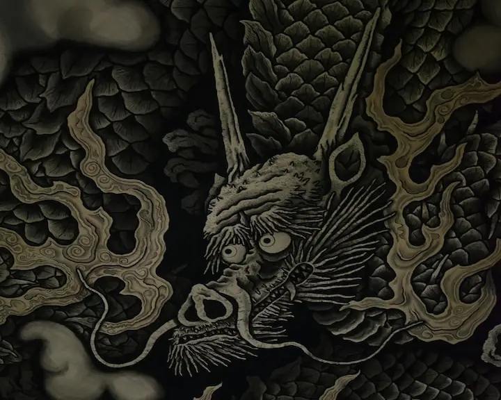 Japanese dragon drawing in black and gold
