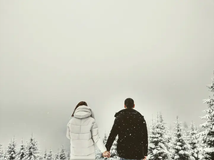 couple holding hands with winter parkas on in white and black with back towards the camera and a 
                    winter nature scene in the background